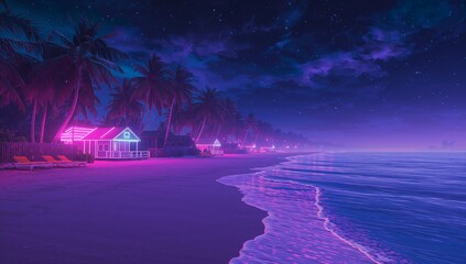 Glowing neon-lit beach cabin shining on beach at night, with palm trees, lounge chairs and stars