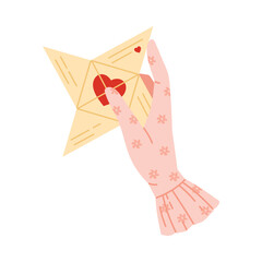 Isolated victorian female hand in glove holding heart origami paper fortune teller vector illustration