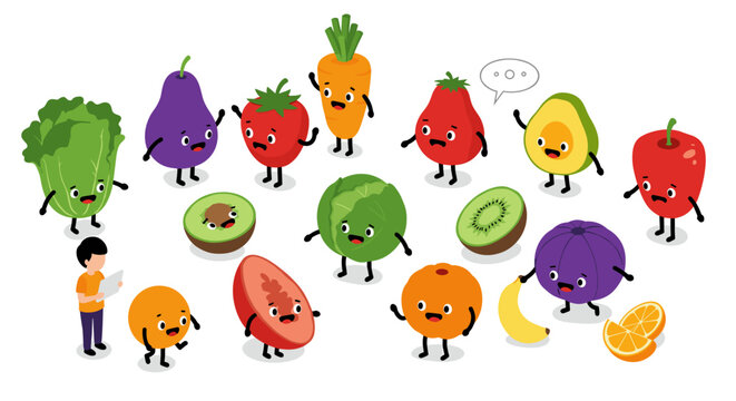 Cute cartoon fruits and vegetables with faces in isometric style