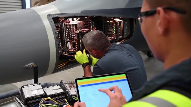 Technicians performing maintenance on aircraft engine components in a workshop setting