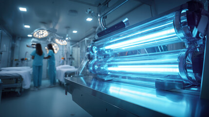 Ultraviolet Light Disinfection in a Modern Operating Room. A close-up of a UV light disinfection system in an operating room, with medical staff in the background, emphasizing cleanliness.