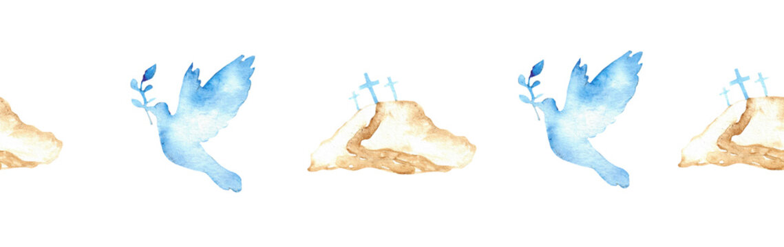 Watercolor Christian border.Watercolor hand-drawn border.