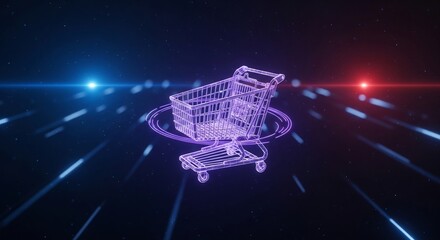 Futuristic shopping cart hologram illustration for e-commerce, online retail, digital marketplace, and virtual store. Great for tech, innovation, and business concepts.