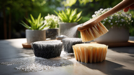 Cleaning brushes being washed with water on a table, promoting cleanliness. A close-up shot shows cleaning brushes being washed with water, with plants in background, promoting cleanliness and order