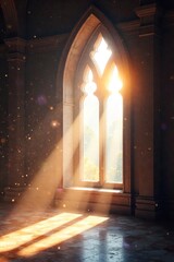 Fototapeta premium Heavenly Light Streaming Through Diamond Window, Dust Motes Dancing in Ethereal Glow - Abstract Architectural Photography