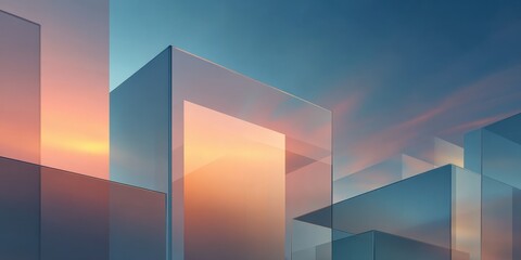Obraz premium Abstract Glass Geometric Blocks Against Sunset Sky Corporate Background