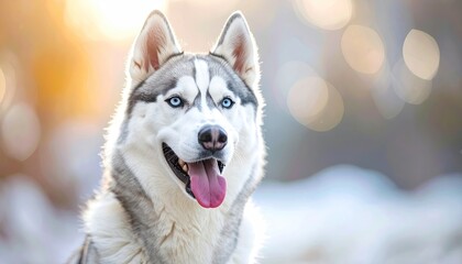 Close-up Portrait of a Siberian Husky Dog With Bright Blue Eyes and Frosty Fur Outdoors in Golden Hour Sunlight With Soft Bokeh Background