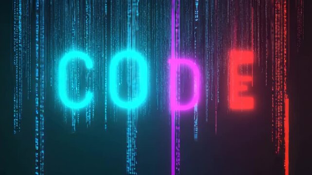 Glowing neon word code in cyan and magenta with digital rain effect
