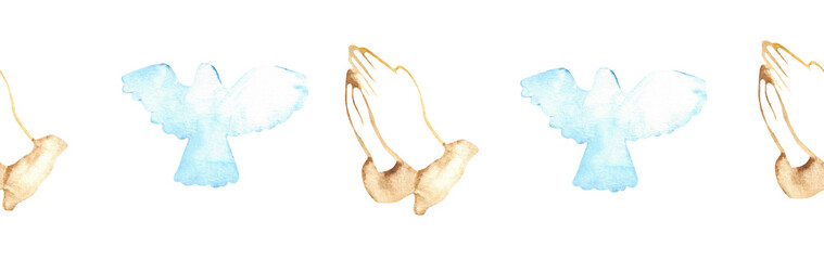 Watercolor Christian border.Watercolor hand-drawn border.