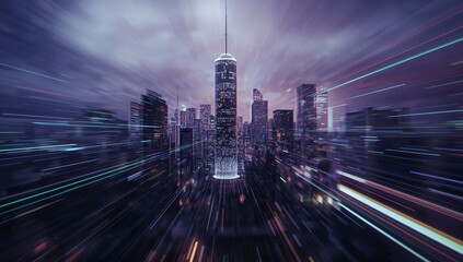 Depicting cylindrical skyscraper glowing in future skyline, with accent lighting and light streaks