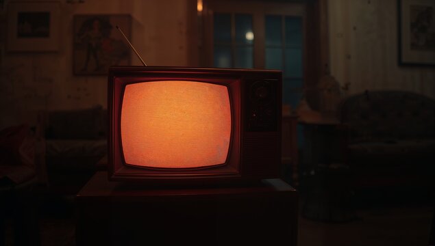 Displaying vintage CRT set emitting orange static glow on stand in living room, with antenna - Powered by Adobe