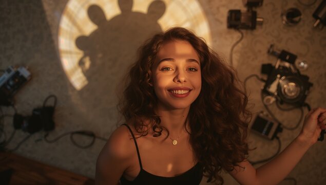 Smiling curly-haired model wearing black top standing in studio, with projector light and cameras - Powered by Adobe
