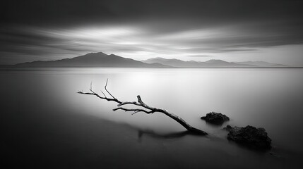 Tranquil monochrome scene of a branch in still water with distant mountains