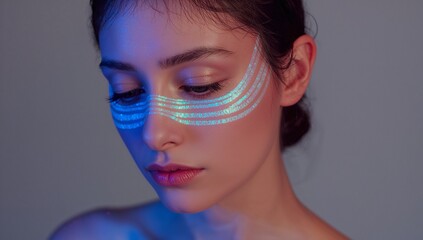 Featuring female model showcasing glowing turquoise blue UV paint stripes in studio, with neon glow