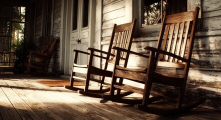 Southern Hospitality. Vintage Wooden Rocking Chairs on Front Porch for Relaxing Summer Evenings