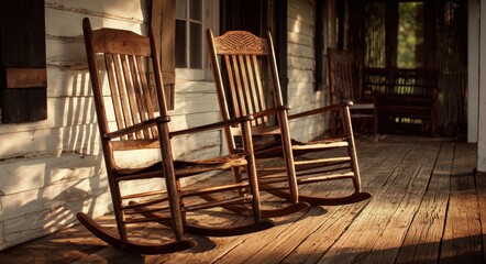 Southern Hospitality. Vintage Wooden Rocking Chairs on Front Porch in Warm Summer Evening