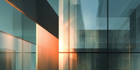 Futuristic corporate glass architecture with vibrant light and geometric lines.