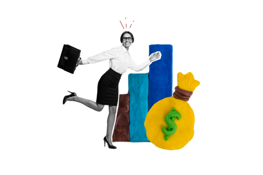 Composite photo collage of happy businesswoman run promotion chart dollar bag profit success deal income isolated on painted background