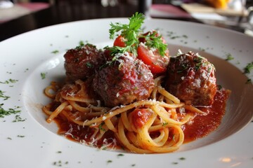 Spagetti And Meatballs. Traditional Italian Dish with Tomato Sauce on a Plate