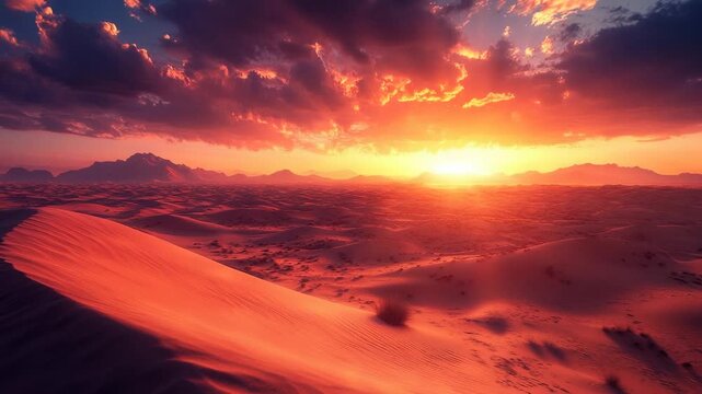 Vast desert landscape with rolling sand dunes under a dramatic fiery sunset sky