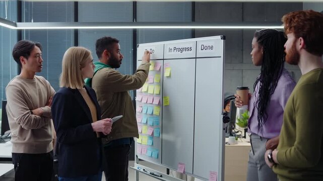 Team collaborates in office using a Kanban board for project management and task tracking