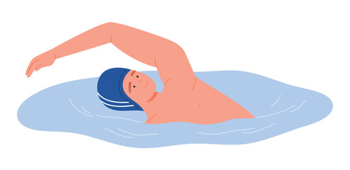 Athlete wearing cap performing freestyle stroke in water on isolated white background vector illustration