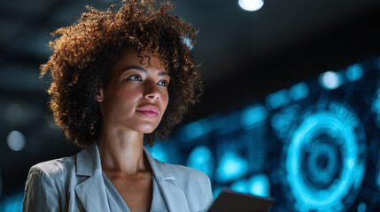 Woman in tech envisions the future, bathed in digital light. She looks forward with confidence, ready to innovate and lead. 128 characters.