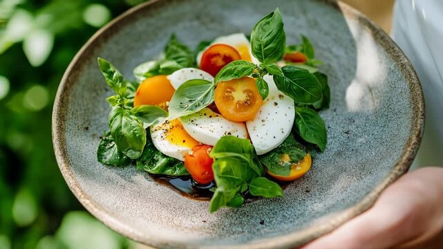 Fresh caprese salad with mozzarella, cherry tomatoes, and basil on textured plate
