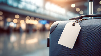 Ready for departure: Close-up of a suitcase with blank tag in a bright airport terminal. A symbol of travel and new experiences.
