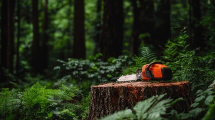 Chainsaw on Tree Stump in Lush Green Forest Surrounded by Dense Foliage and Natural Beauty