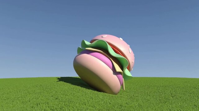Hamburger g&eacute;ant pastel pos&eacute; sur une colline verte