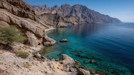 Obraz premium Coastal Mountains: Dramatic cliffs meet clear turquoise waters. Rugged beauty and tranquility in this serene coastal landscape.