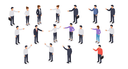 Fototapeta premium Diverse group of business people pointing in various directions in isometric style