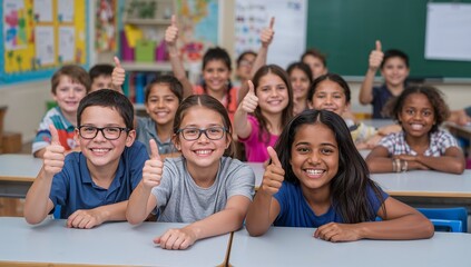 Smiling elementary students leaning on wooden desks and giving thumbs up inside decorated classroom