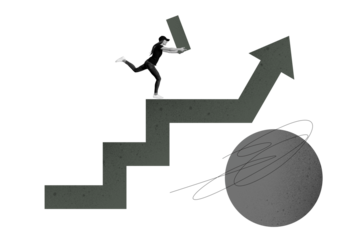 Composite photo collage of happy girl courier carry figure arrow direction development career shipment isolated on painted background