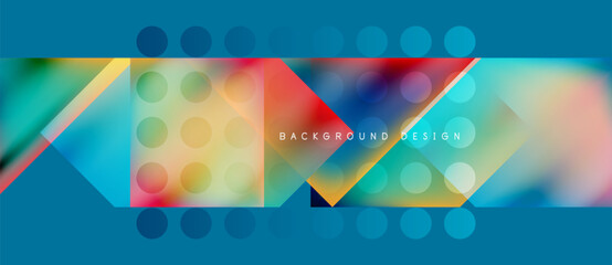 Abstract colorful design. Geometric shapes overlap, creating dynamic visual effect. Bright hues contrast against teal background. Modern style.