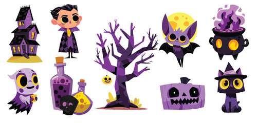 Cute Halloween cartoon clipart collection with haunted house, vampire, spooky tree, bat, ghost, cauldron, pumpkin, black cat, and potion bottles on white background for stickers  or seasonal prints