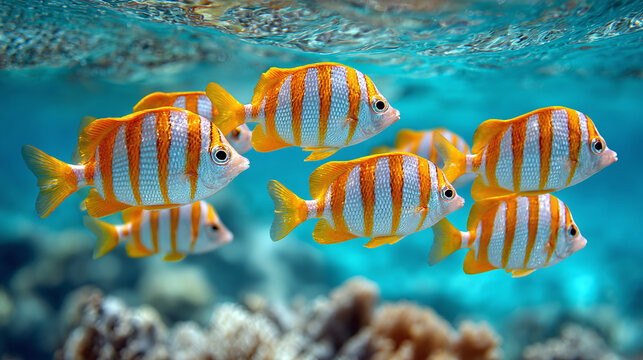 A school of vibrant orange-striped fish gracefully swims in crystal-clear ocean water, creating a mesmerizing underwater spectacle. - Powered by Adobe