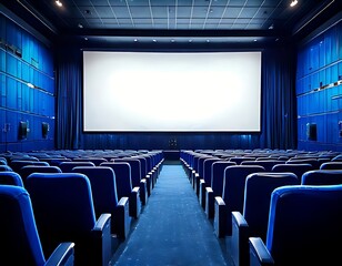Fototapeta premium Large white projection screen, rows of blue chairs, dark blue walls, and an empty movie theater