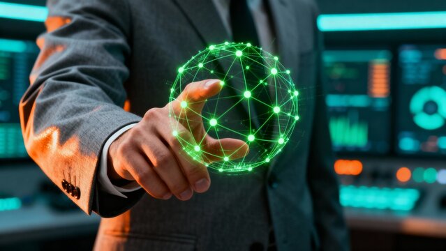 Businessman in a high-tech control room touching a glowing green holographic sphere representing a global network and data analysis