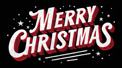 Vintage-style Christmas lettering in white with red accents on a black background, adorned with festive star and dot patterns.