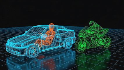 Wireframe Car and Motorcycle with Driver and Rider Models Illustration
