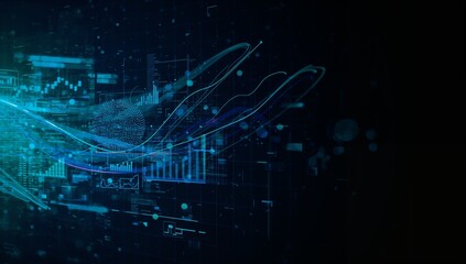 Digital graphic showing flowing turquoise waves on grid, bar charts, HUD panels, sphere, copy space