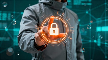 A person in a hooded jacket activates a glowing digital padlock icon on a futuristic interface, representing cybersecurity and data protection