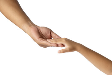 Close-up PNG of adult hand reaching out and gently holding a childs hand on white background. Symbol of care, love, family, trust, and support. Ideal for emotional, social, or parenting themes.