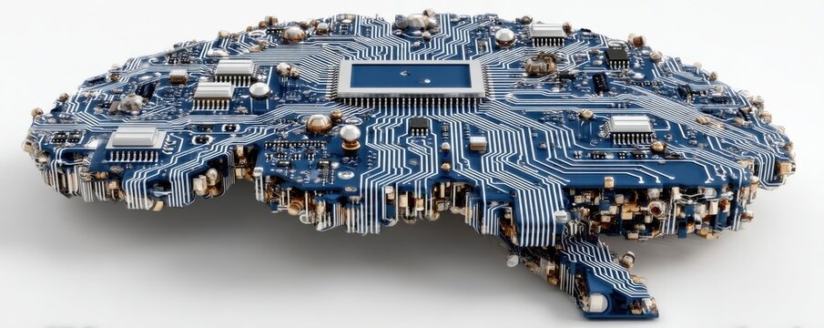 Blue circuit board shaped as a human brain representing artificial intelligence