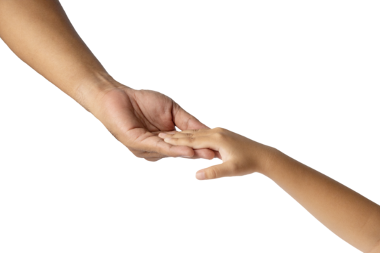 Close-up PNG of adult hand reaching out and gently holding a childs hand on white background. Symbol of care, love, family, trust, and support. Ideal for emotional, social, or parenting themes.