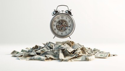 Floating silver twin-bell clock exposing gears above US dollar bills on smooth white surface