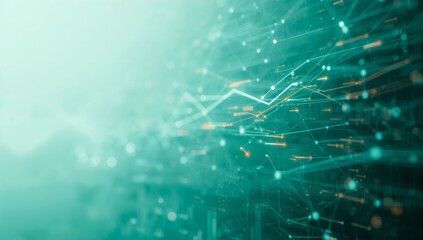 Showing network visualization across aqua gradient with bokeh, glowing nodes connecting data points