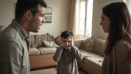 Standing parents arguing beside child covering ears at home, with couch and coffee table